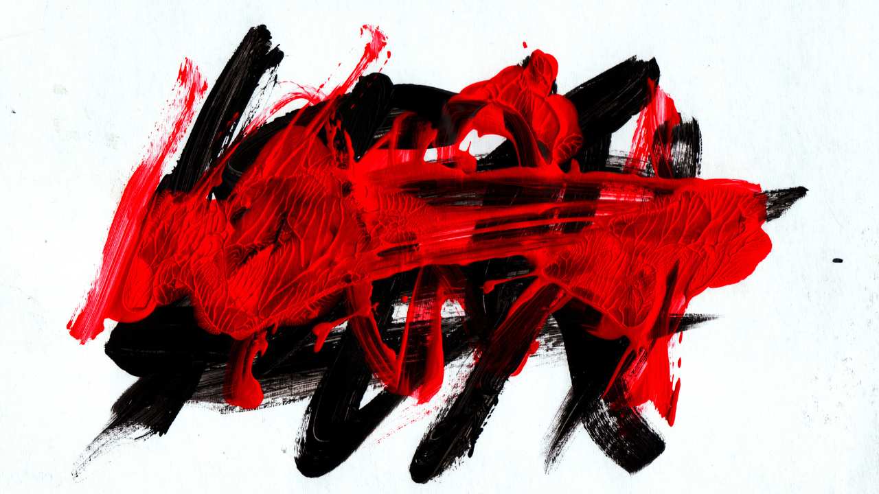 red and black paint strokes on a white background